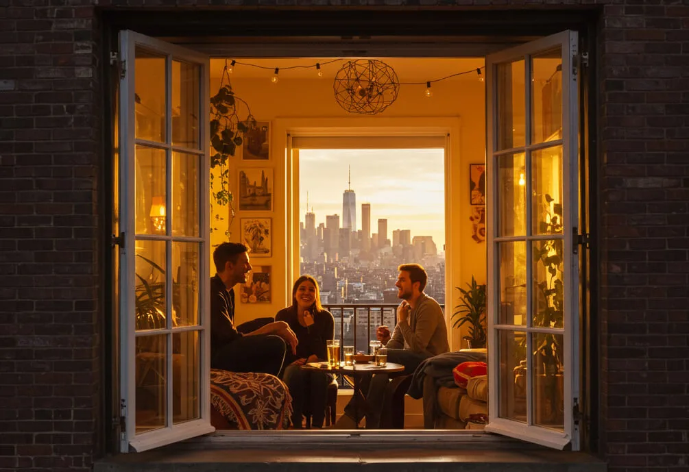 Friends hanging out by an open window overlooking Manhattan at golden hour